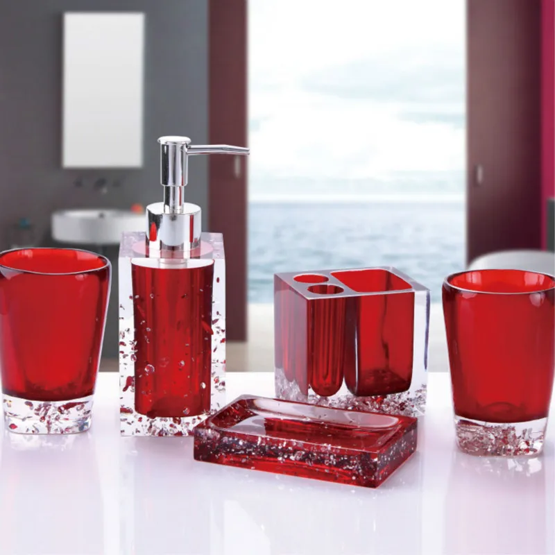 5pcs Bathroom Accessories Set Crystal Ice Flower Transparent Acrylic Soap Dish Dispenser Toothbrush Holder Tumbler Wash Kit | Дом и сад