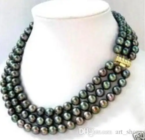 

3 row 7-8MM Black akoya Pearl Necklace 17-19" 0023>>> free shipping