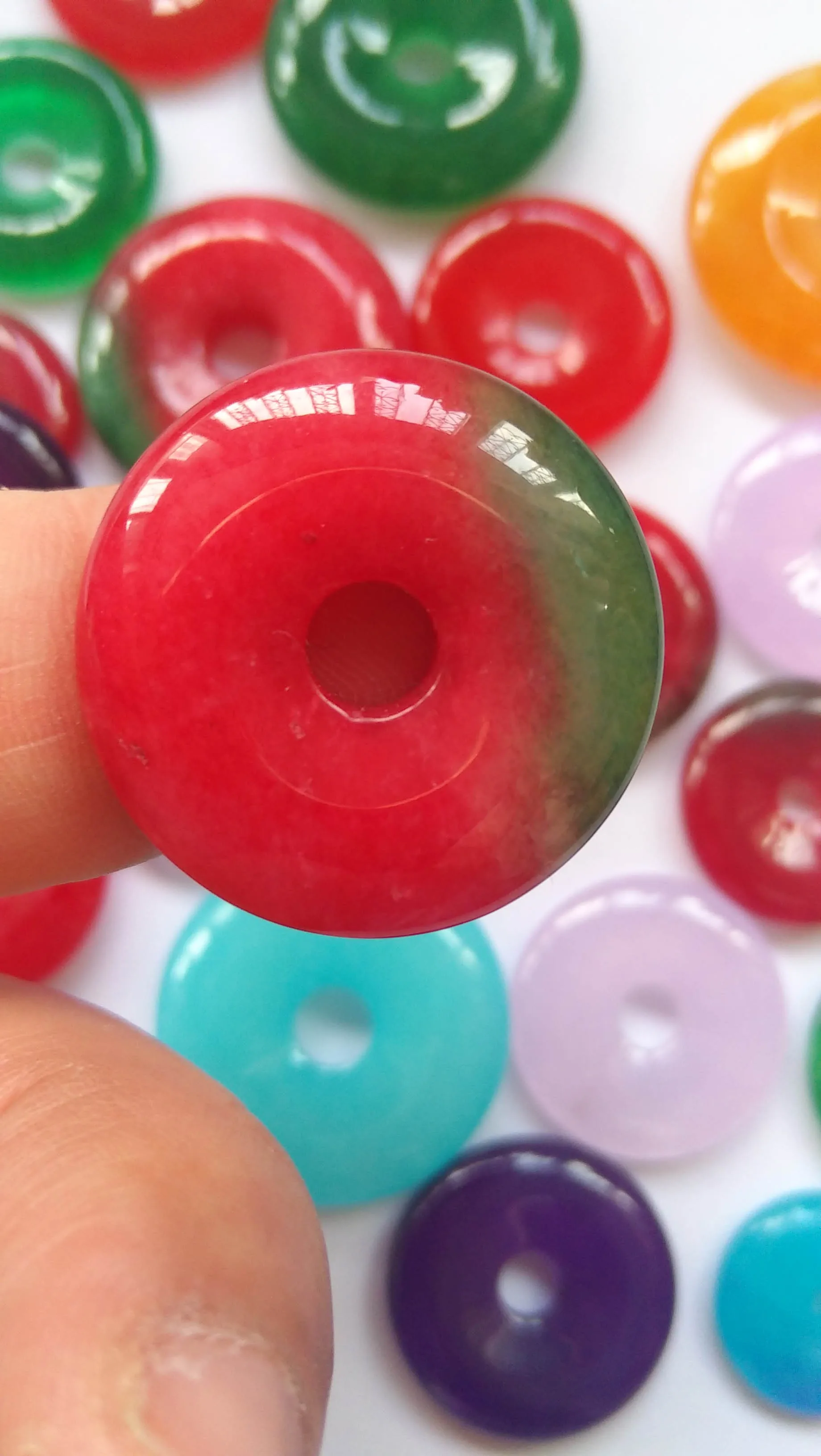 

bulk 12pcs jade stone bead rainbow donut Round Disc "Pi" Pendant -earrings DIY 15-25mm