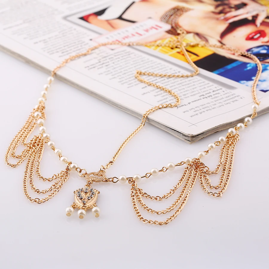 Повязка на голову женская с кисточками и жемчугом золотистая романтический