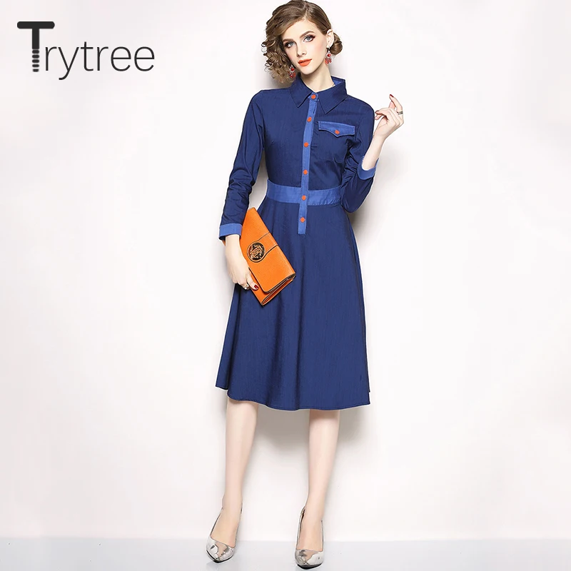Trytree/весенне летнее платье повседневное ТРАПЕЦИЕВИДНОЕ женское синее однотонное