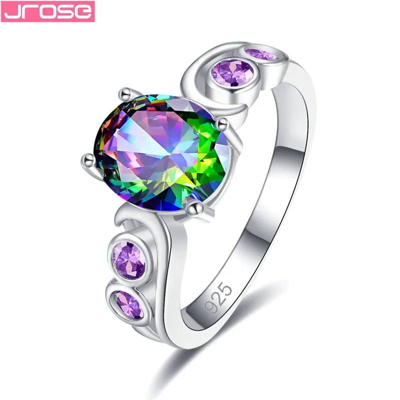

JROSE Oval Cubic Zircon Anniversary Charm Silver Color Ring Rainbow Sky Blue Wedding Rings for Women Jewelry Anillos Mujer Bague