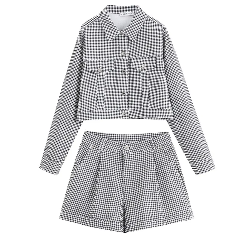 1 set Клетчатая куртка в клетку с отворотами в стиле бойфренда свободные шорты с высокой талией Короткие штаны костюмы с длинными рукавами комплект из 2 предметов - Цвет: 1 set