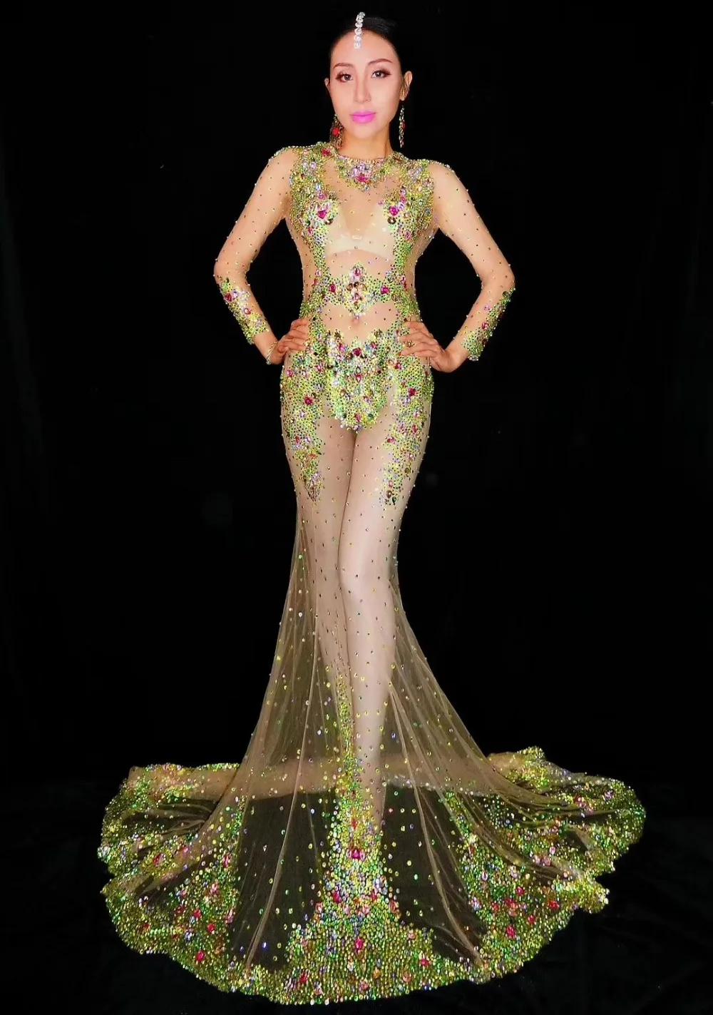 2021 для женщин Новинка Зеленый цвет Блестящие разноцветные стразы прозрачной