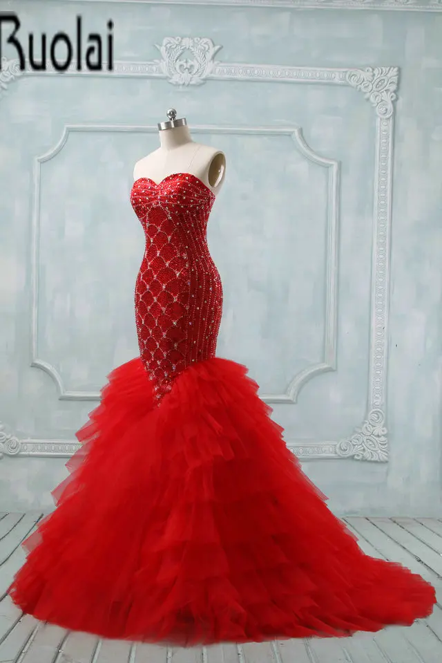 2017 New Arrival Red Sleeveless Sweetheart Heavy Beaded Sequined Sexy Open Back Mermaid Evening Dresses Lace Up Back Customize