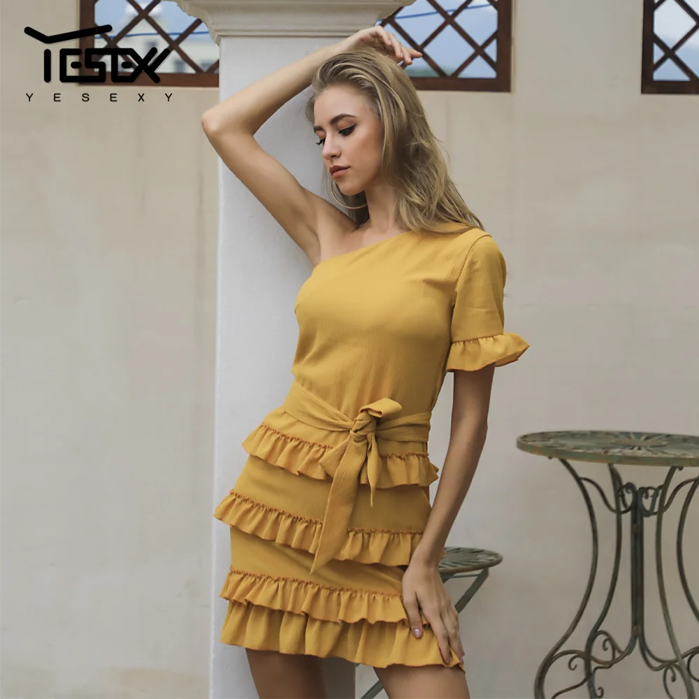 Yesexy 2019 летние однотонные каскадные оборки на одно плечо мини женские платья Boho
