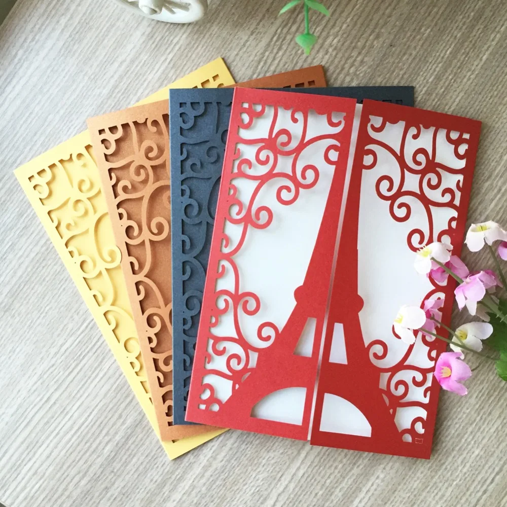 

35pcs New Arrived Tower design laser cut Paper Elegant wedding invitation card two folded card Greeting invitation Blessing card