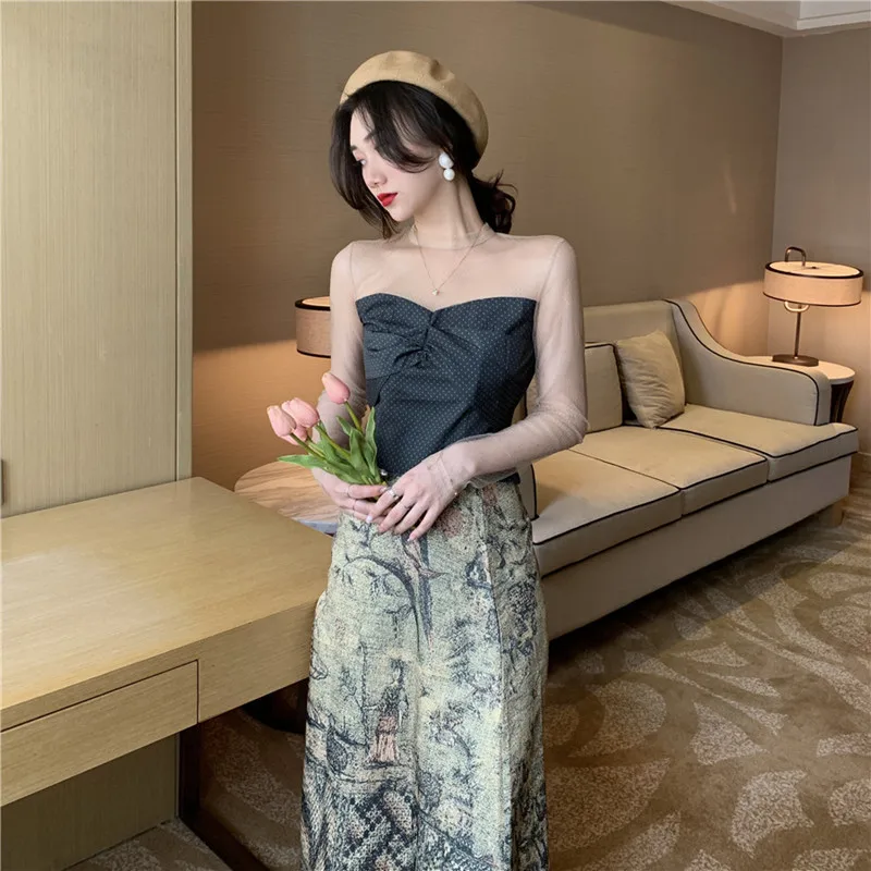 BLLOCUE 2019 New Two-Piece Set Female Polka Dot Mesh Splicing Short Top High Waist Classic Print Lace Panel Skirt | Женская одежда