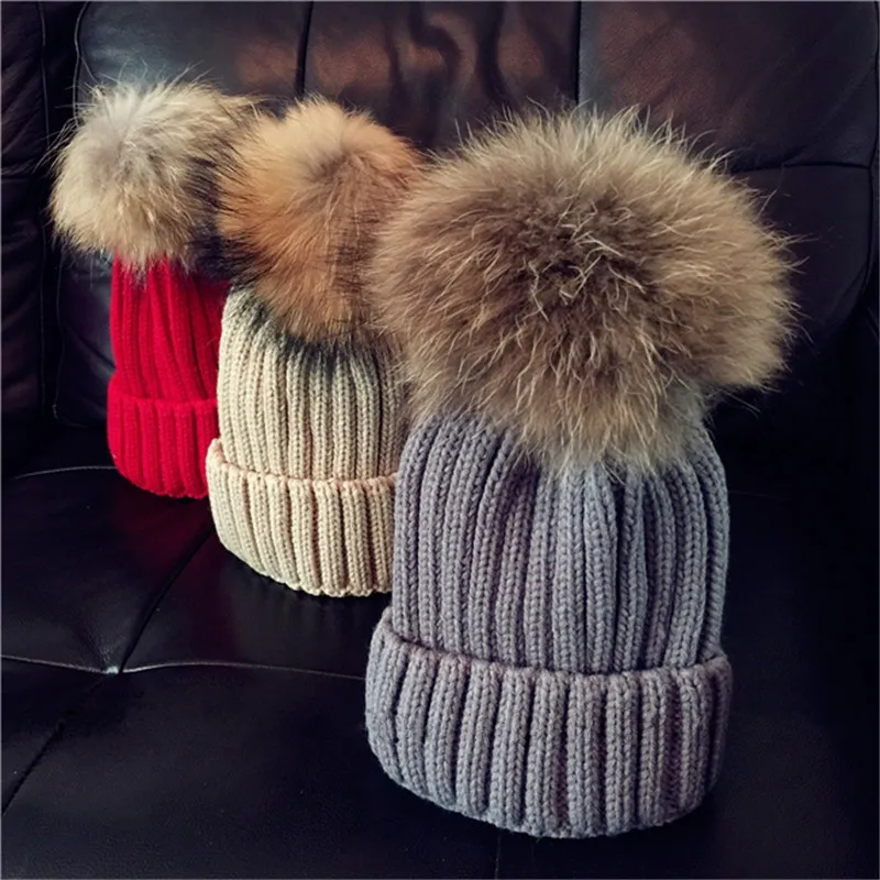 

Real Racoon Fur Pom Pom Knit Winter hat Women Gift wool hatknitted cotton beanies cap