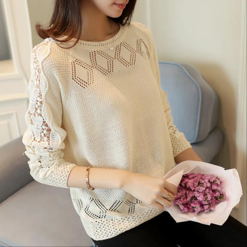 Women long-sleeve thin sweater openwork 2018 spring and summer female knitted tops teenager girl fashion Korean style pullover | Женская