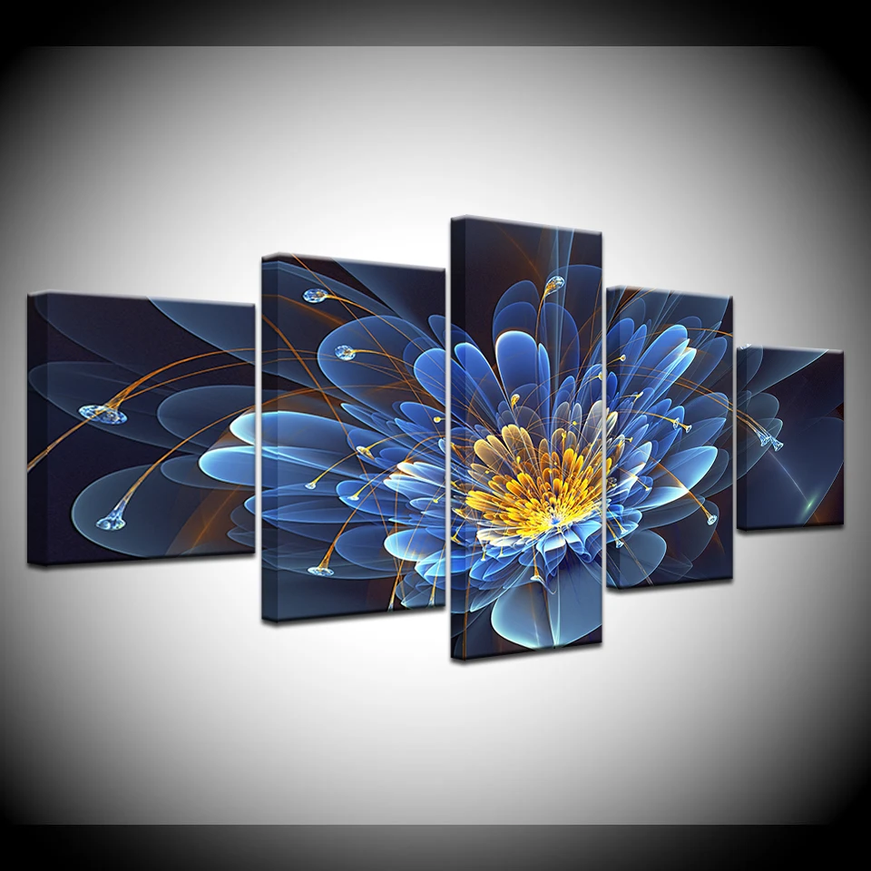 

Modern Canvas HD Printed Poster Framework Bedroom Decor 5 Pieces Blue Lotus Paintings Modular Wall Art Abstract Flower Pictures
