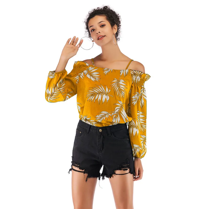 

2019 spring and summer light and breathable leaves printed sling chiffon shirt women new long-sleeved word collar pullover shirt