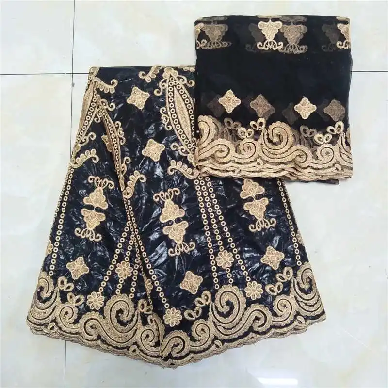

New 100% cotton african bazin lace 5 yards bazin riche getzner with 2yards net scarf lace best price with beads for dress