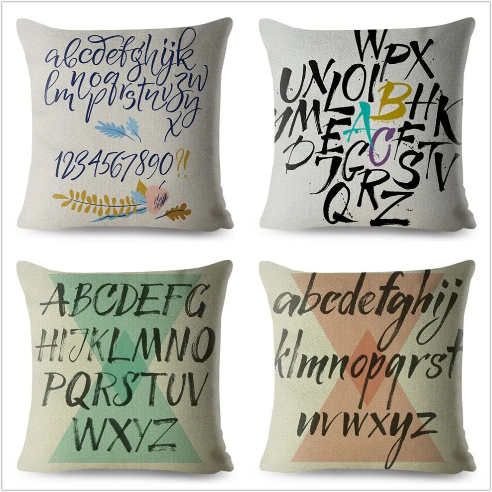 Ink Letter And Number Print Pillowcase Beige Linen Cushion Cover 45*45 Square Throw Pillows Covers Sofa Home Decor Pillow Case | Дом и сад
