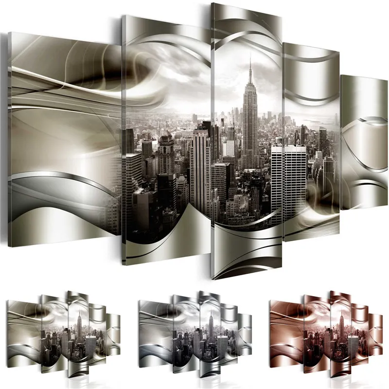

Modern Painting Canvas 5 Panels Grey and Gold City Night View Wall Art Picture Living Room Decoration Poster Home Decor Bedroom