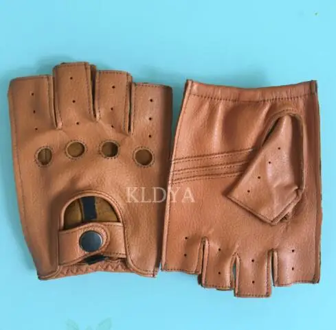 Camel tan Мужские перчатки из натуральной кожи для вождения, без подкладки, козья кожа, мужские перчатки для запястья на половину пальцев, перчатки без пальцев для тренажерного зала, фитнеса - Цвет: Camel tan