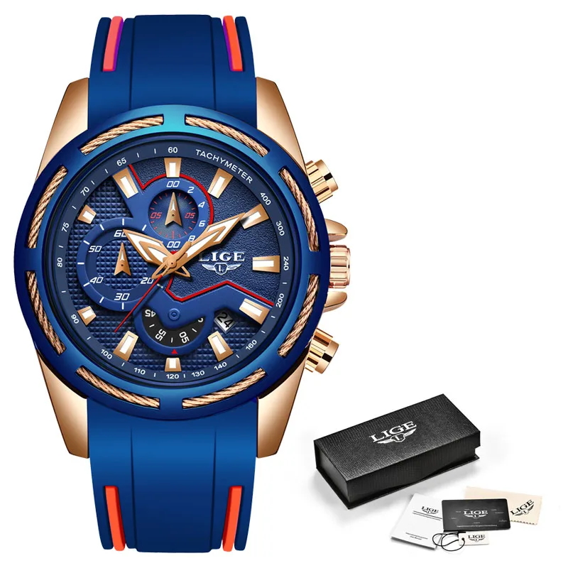 rose gold blue LIGE, модные мужские часы, Топ бренд, роскошные многофункциональные спортивные часы с циферблатом, мужские водонепроницаемые кварцевые часы с датой - Цвет: rose gold blue