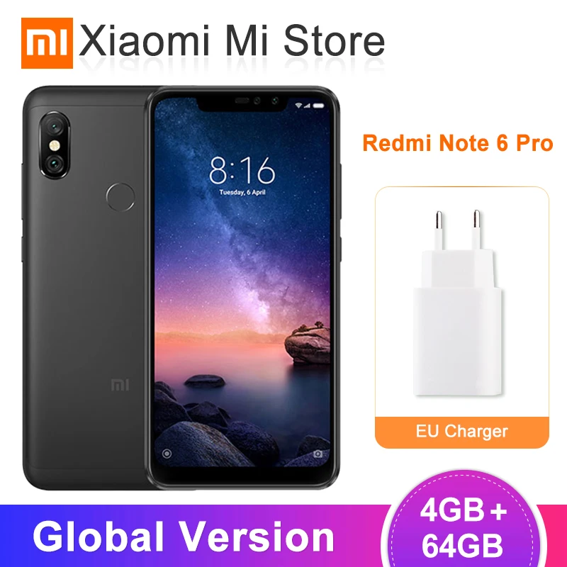 Глобальная версия Xiaomi Redmi Note 6 Pro 4 Гб 64 мобильный телефон Snapdragon 636 Octa Core 20MP + 2MP