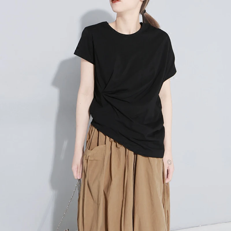 TWOTWINSTYLE Ruched футболка женские короткий рукав асимметричный белый основной