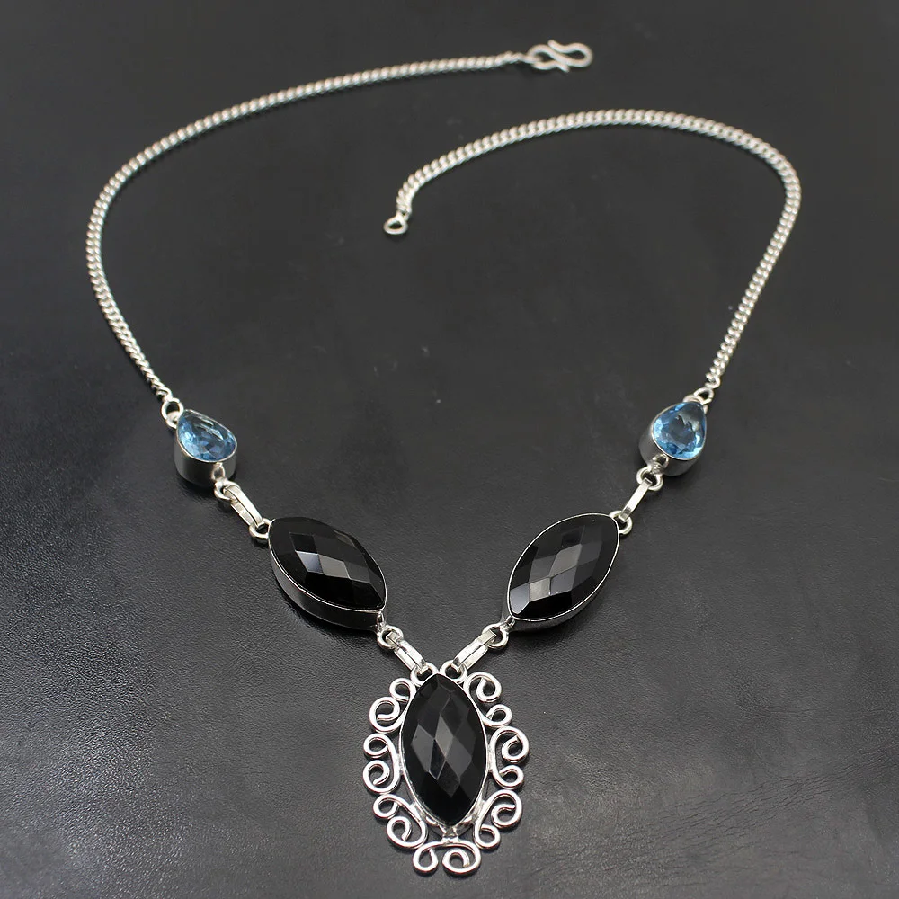 Fantasy Unique Black Onyx BlueTopaz 925 Sterling Silver Color Chain Pendant Necklace 19 Inch TF806 | Украшения и аксессуары