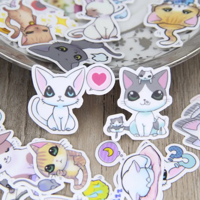 Mixed 40 Cute Kitten Line Expression Luggage Skateboard Graffiti Ethylene Decals Car Styling Laptop Bicycle Toy DIY Sticker | Дом и сад
