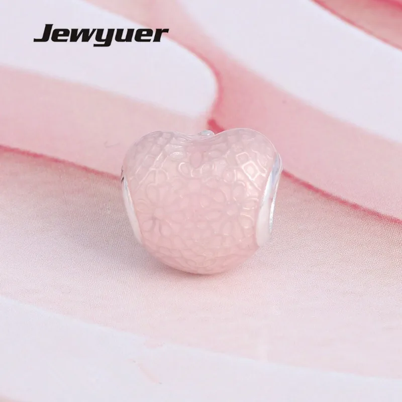 New Valentine's Day Pink Bow &amp Lace Heart charms 925 Sterling Silver beads fit charm Bracelets DIY fine jewelry Jewyuer BE435 |