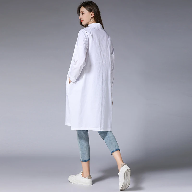 summer spring woman dress shirt black white knee length cotton fashion casual office straight plus size | Женская одежда