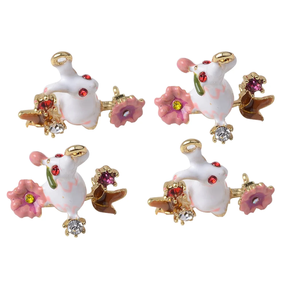 4Pcs Rhinestone Decorated Easter Rabbit with Flower for Hanging Charms Pendants /Earring Findings Crafts/Necklace Bracelets DIY | Украшения