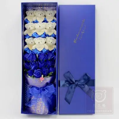bear rose soap blue 21 шт./кор. 9 шт. Kawaii плюшевый медведь игрушки 12 шт. розовое мыло цветок Романтический мультфильм игрушки букет на День святого Валентина, подарок девушке - Цвет: bear rose soap blue