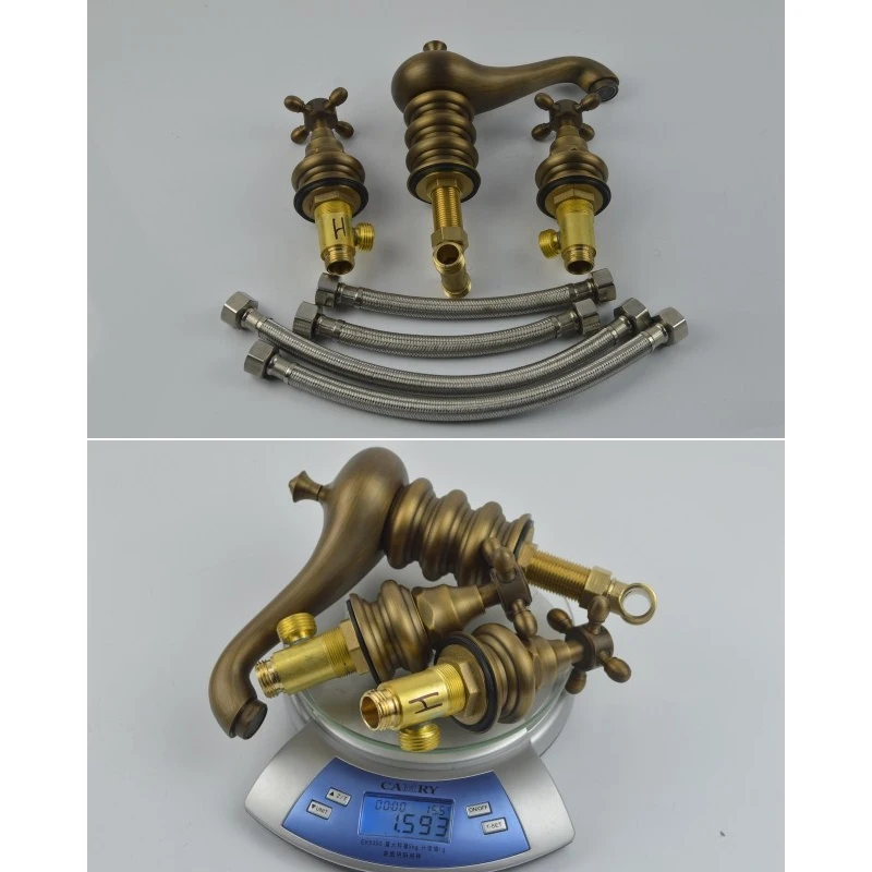 

Bathroom Sink Faucet Antique Brushed 3PCS Solid Brass Basin Mixer Tap Dual Handle Three Hole Deck Mounted Faucet ML8008