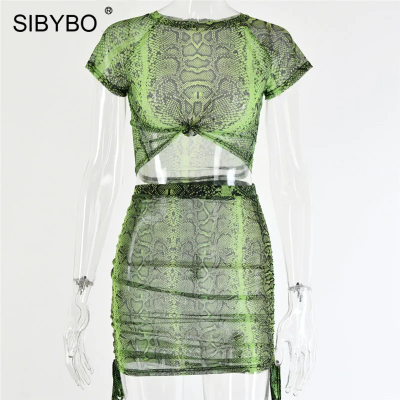 Sibybo, прозрачное, змеиная кожа, летний комплект из двух частей, платье для женщин, высокая талия, сексуальное мини-платье, Пляжное, повседневное, женское, облегающее платье