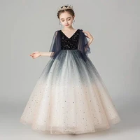 children girls luxury v collar birthday evening party princess ball gown fluffy dress kids model show communication long dress