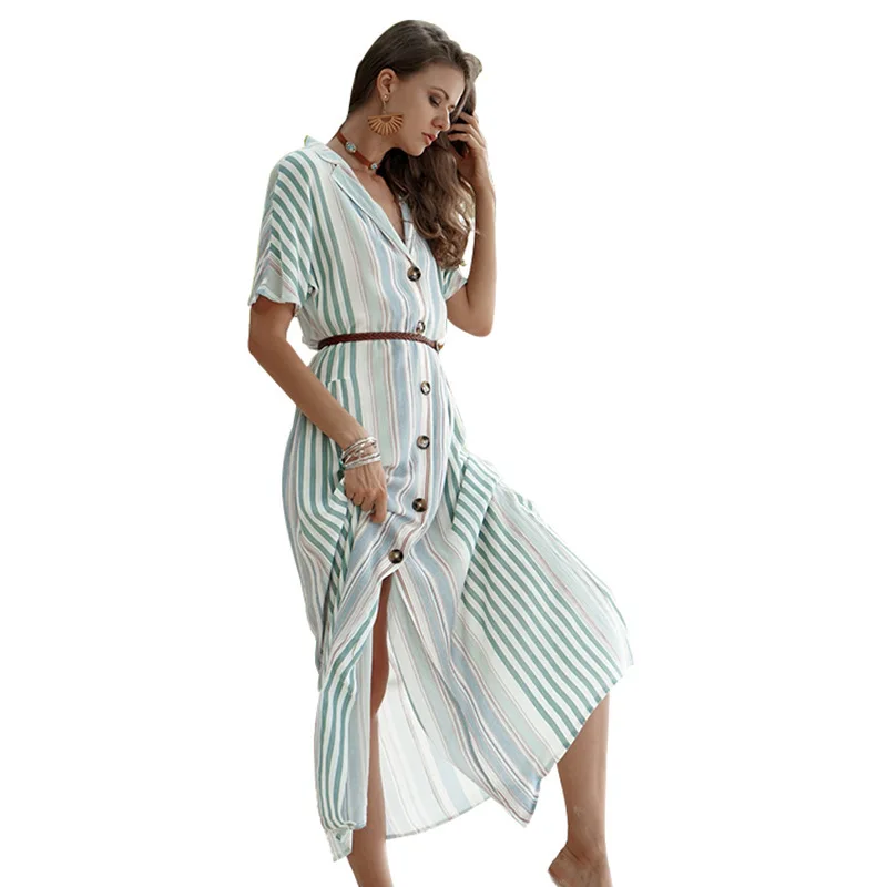 

Cover Up Beach Swimwear Dress Summer Outings Bath Robe Ups Tunics New 2019 Women Stripe Single Row Button Lapel Short Long