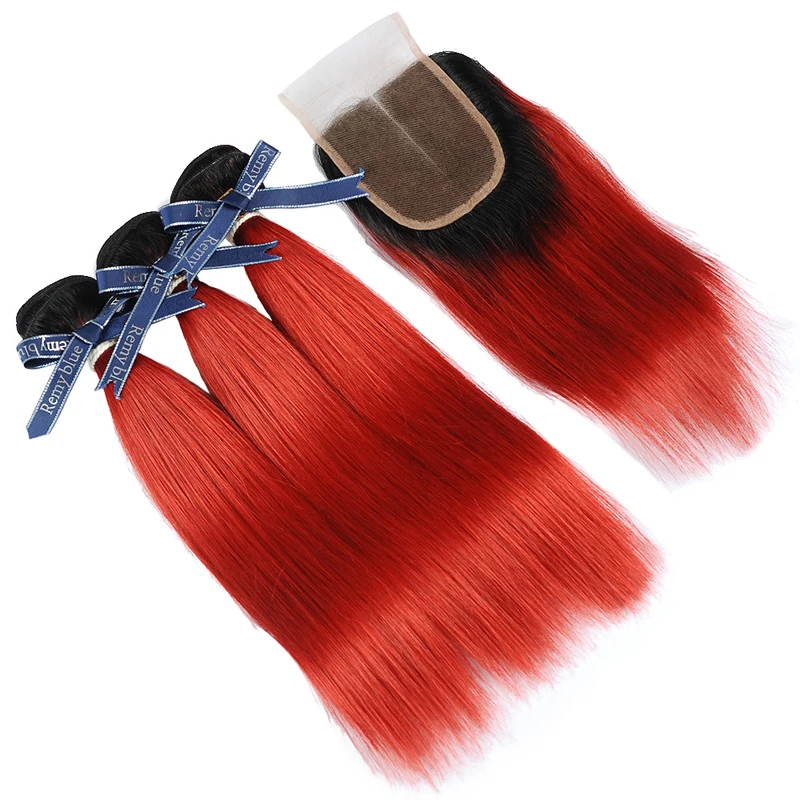 Remyblue Lucky Red 99J пучки с закрытием бордовый Омбре бразильские прямые волос Remy