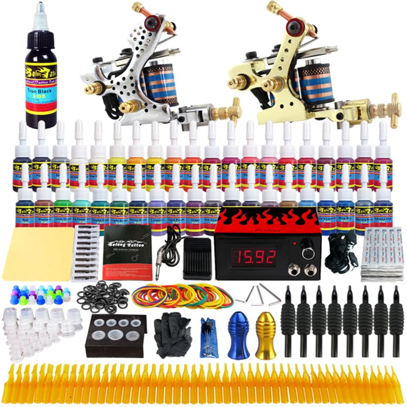 

Complete Professional Tattoo Machine Kit Sets 2 Machines liner shader machine 28 Color Inks Power Supply Needles Grip Tip Set