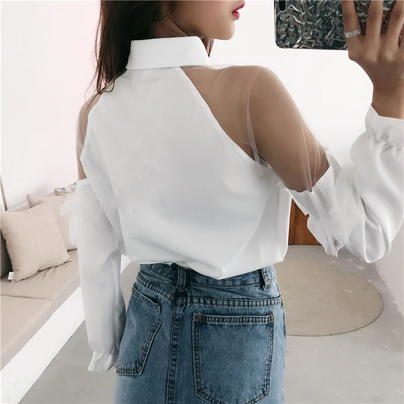 WHITNEY WANG 2019 Spring Fashion Streetwear Sexy See Through Mesh Patchwork Blouse Women blusas Shirt Tops |