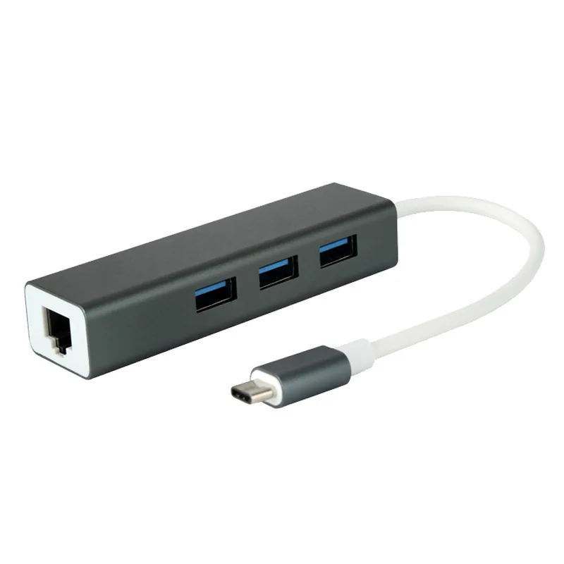 Черный 3 порта USB 3,0 концентратор USB 3,1 type-C штекер для 10/100/1000 Мбит/с Gigabit Ethernet LAN сетевая карта RJ45 адаптер для Macbook - Цвет: Черный