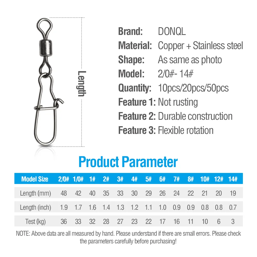DONQL 10/20/50pcs Fishing Connector Swivels Interlock Pin Snap 14#-2/0# Rolling Swivel For Fishhook Lure Fishing Accessories
