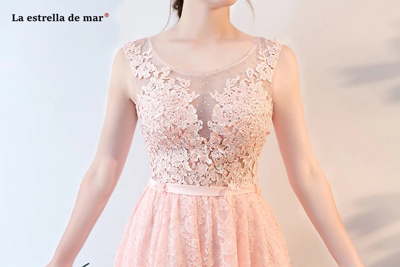 Vestido madrinha Новинка года кружево бриллиантами открытой спиной Персик Высокая Низкая платья подружек невесты чай Длина Гаун pesta dewasa на заказ