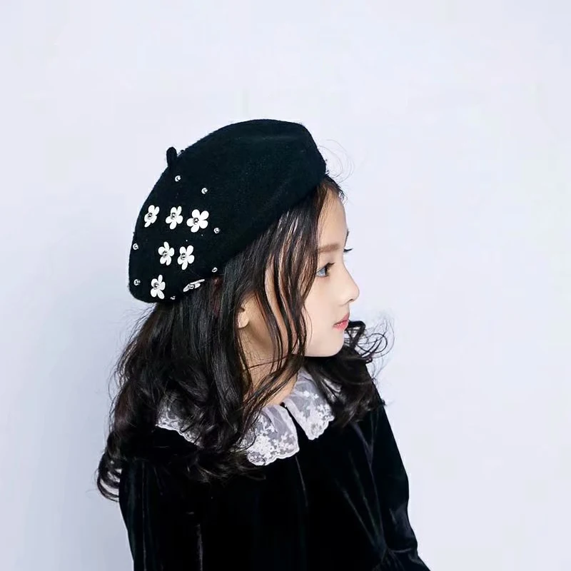 

Wool Beret Children Winter Hats for Grils Flat Cap Applique Flowers Hats Baby Girl Berets Hat Children's Painter Cap French Cap
