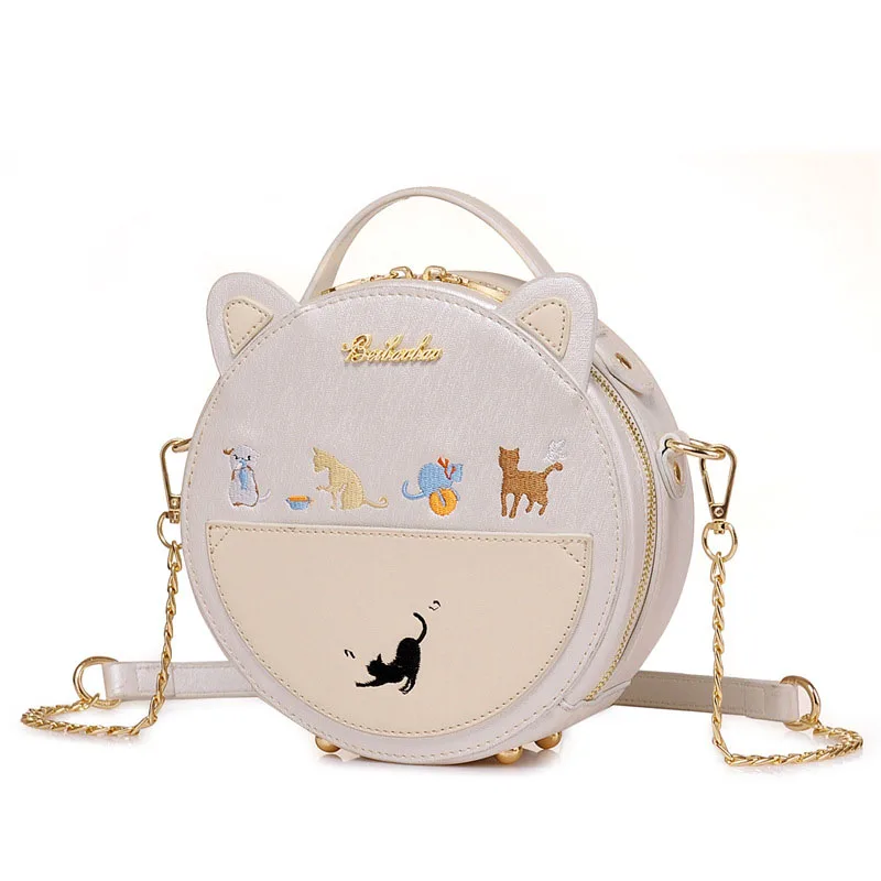 Beige Cute Embroidery Cat Messenger Bag Women Small Circular Ears Crossbody Bags Teenage Girls Chain Shoulder Bag Mini Handbag XA25B - Цвет: Beige