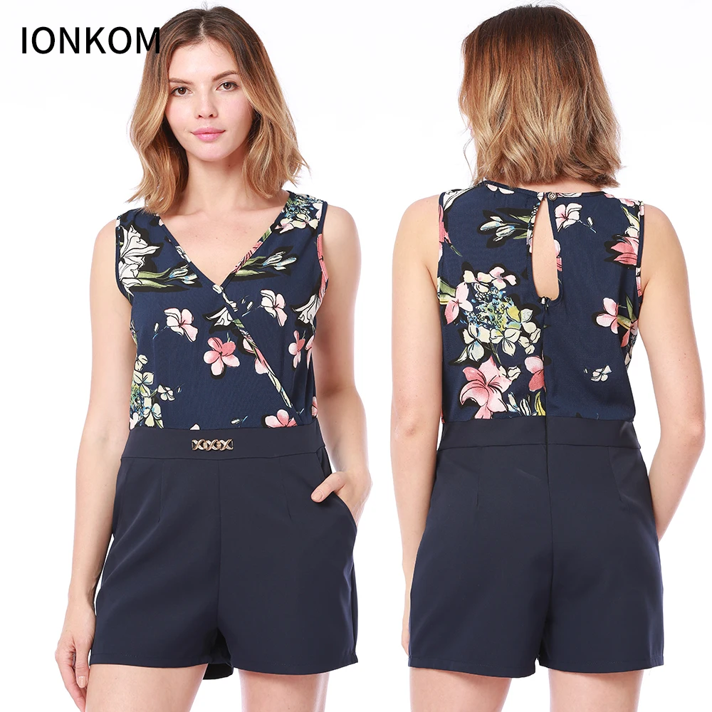 IONKOM Flower Print Keyhole Back Romper 2018 Summer V Neck Sleeveless High Waist Short Jumpsuits Women Bodycon Party | Женская одежда