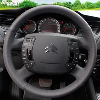shining wheat hand stitched black leather steering wheel cover for citroen c5