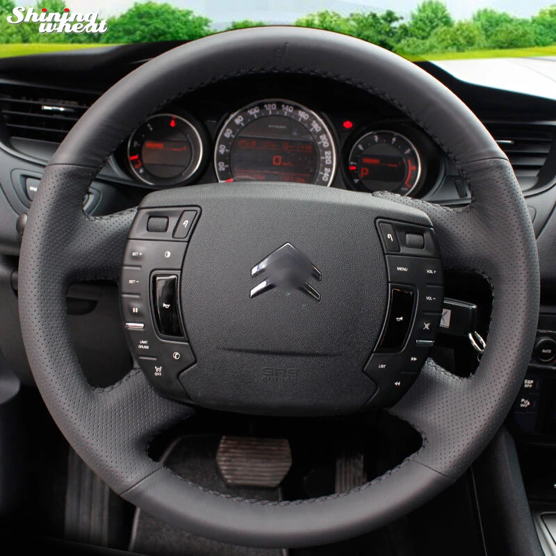 Чехол рулевого колеса из блестящей черной кожи с ручной строчкой для Citroen C5|leather