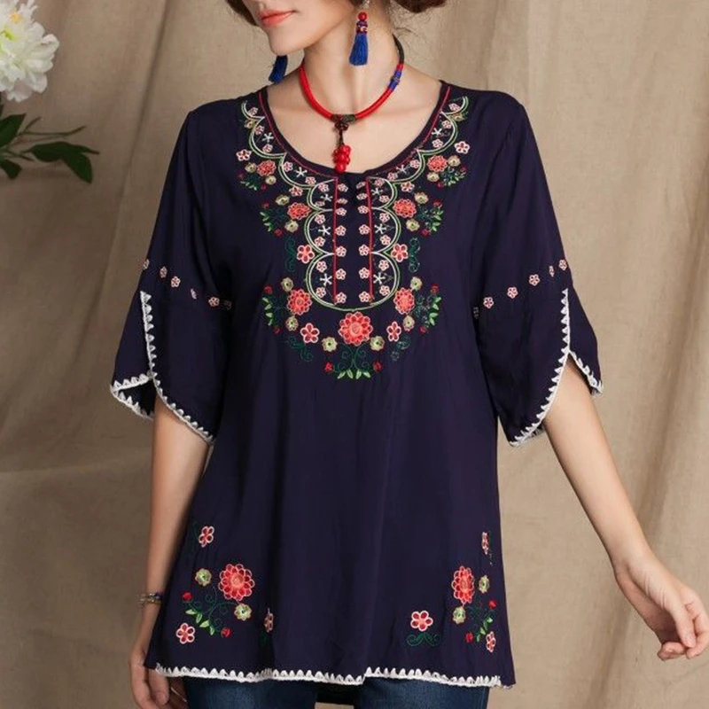 boho рубашки Для женщин модные блузки с короткими рукавами рубашка с цветочным узором Винтаж 70s мексиканская футболка в этническом стиле Готический вышитая блузка Для женщин