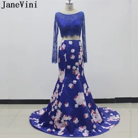 janevini royal blue mermaid floral bridesmaid dresses long sleeve lace flower print 2 piece prom dress wedding party gowns 2018