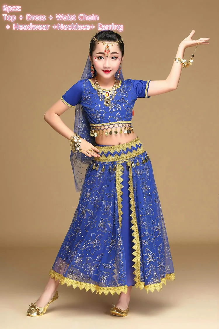 6pcs dark blue Детские восточные болливудские танцевальные костюмы, комплект, индийское танцевальное платье, костюм, костюмы для девочек, танец живота, одежда для выступлений - Цвет: 6pcs dark blue