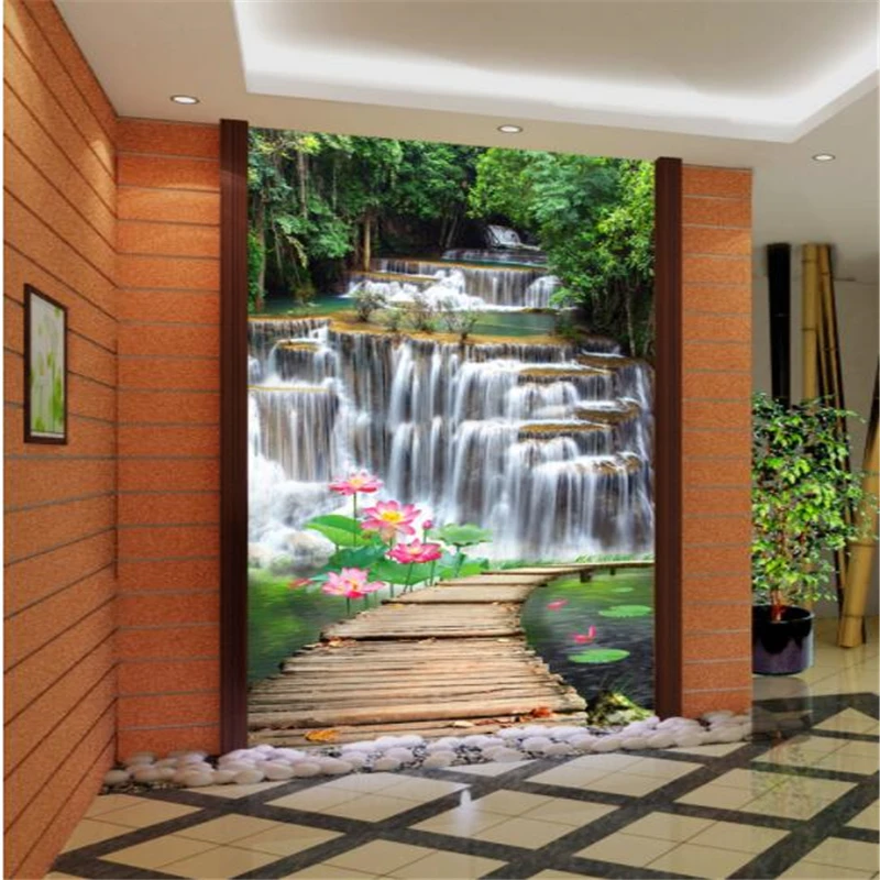 

Beibehang Custom living room corridor entrance natural waterfall wooden bridge lotus leaf Photo wallpaper mural papel de parede