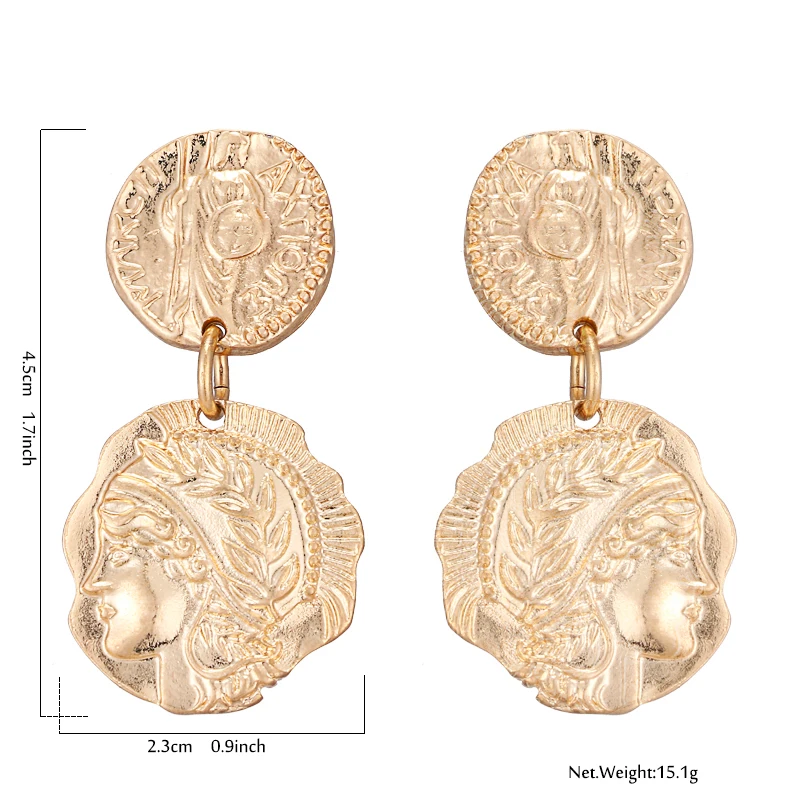 YMYW Zinc Alloy Geometric Gold Portrait Baroque Earrings Trendy Antique Personalized Double Layers Stylish Oorbellen Female Gift | Украшения