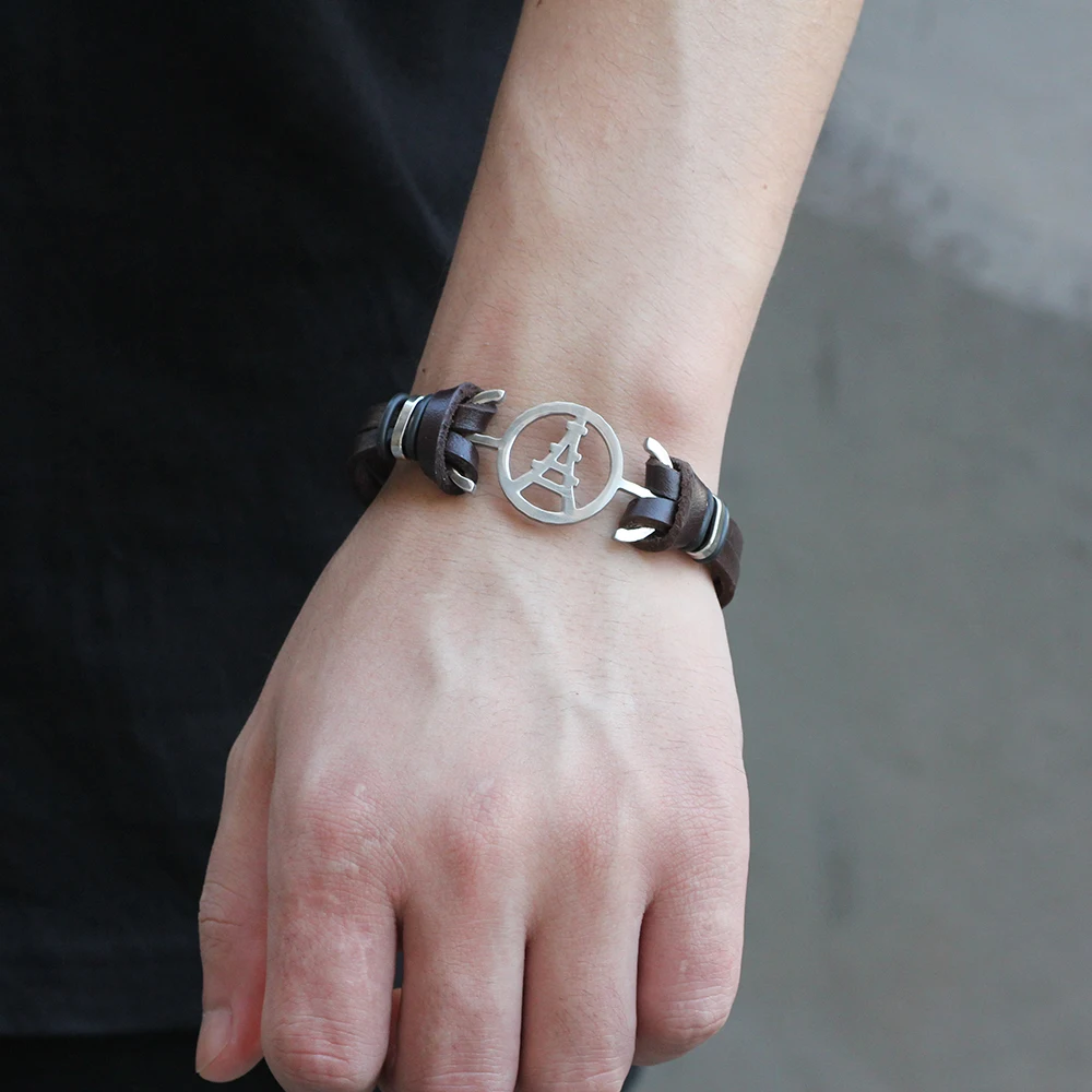 Paris Eiffel Tower Design Stainless Steel Charm Genuine Leather Cuff Bracelets &amp Bangles Women Men Casual Jewelry femme | Украшения и